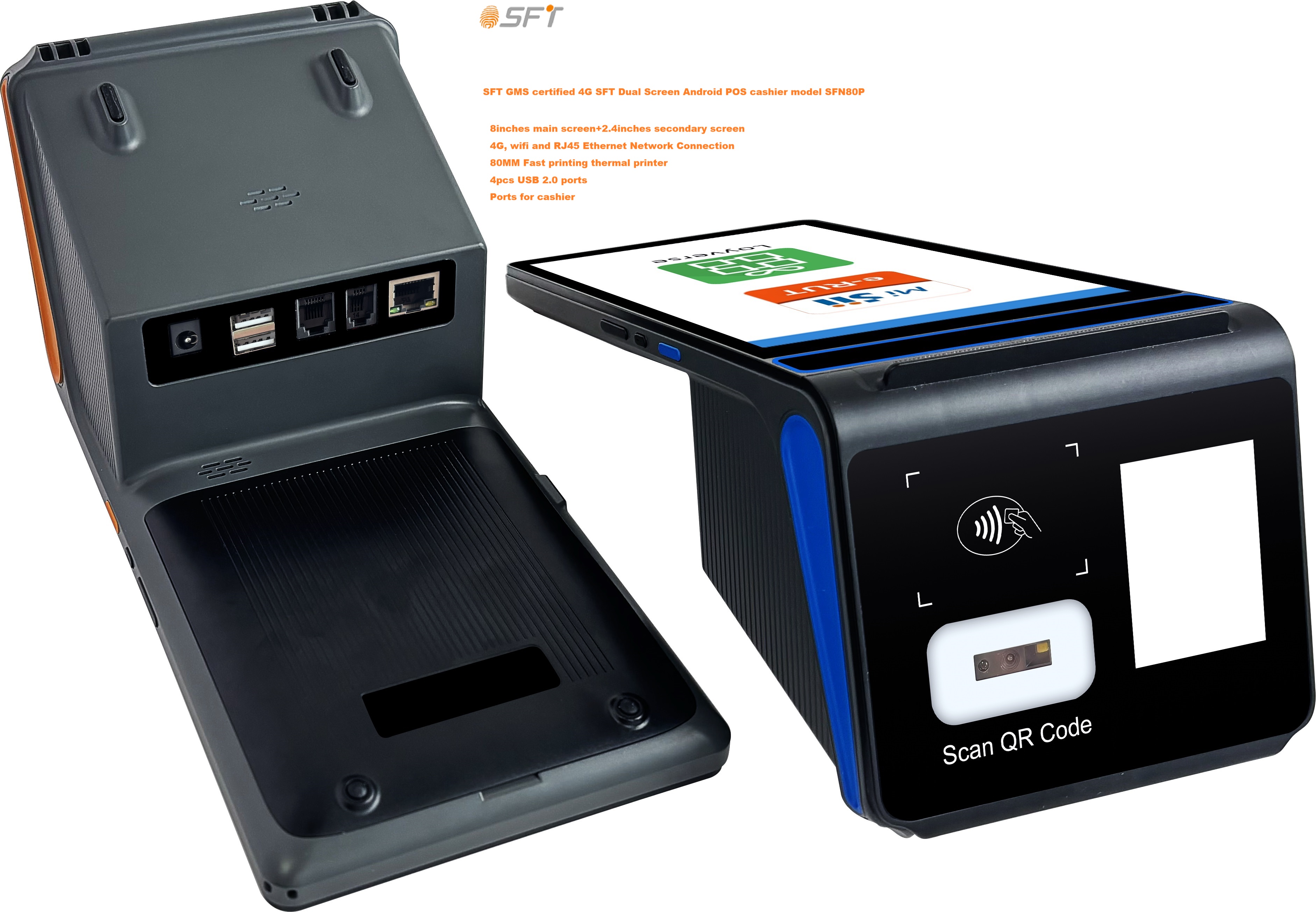 Tragbarer Android-POS-Kassenautomat mit Dual-Screen, aktualisiert auf die GMS-zertifizierte Android 14-POS-Version